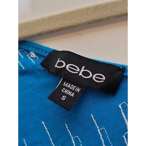 Vintage Y2K 00s Bebe Small S Teal Sequin Embellished Bling Cold Shoulder Top - Picture 3 of 8